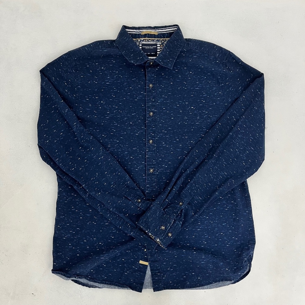 Denim & Flower Ricky Singh Mens L Button Up Shirt Blue Nepped Print Flip Cuff‎